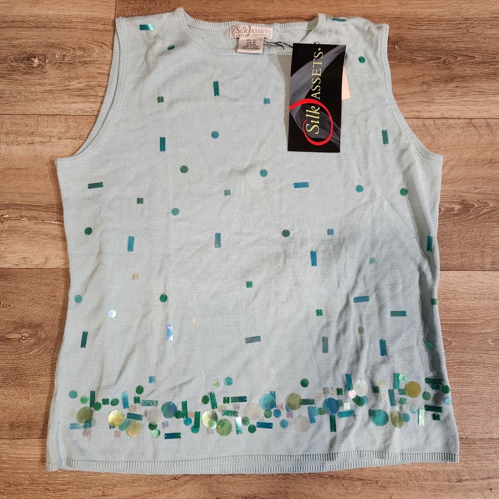 Diane Von Furstenberg DVF Silk Assets Womens Medium Blue Sequin Tank Top Shirt